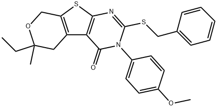 2-(benzylsulfanyl)-6-ethyl-3-(4-methoxyphenyl)-6-methyl-3,5,6,8-tetrahydro-4H-pyrano[4',3':4,5]thieno[2,3-d]pyrimidin-4-one 구조식 이미지