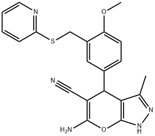 6-amino-4-{4-methoxy-3-[(2-pyridinylsulfanyl)methyl]phenyl}-3-methyl-2,4-dihydropyrano[2,3-c]pyrazole-5-carbonitrile Structure