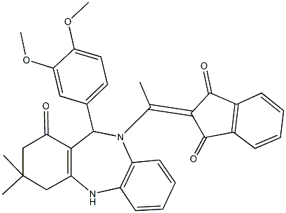 2-{1-[11-(3,4-dimethoxyphenyl)-3,3-dimethyl-1-oxo-1,2,3,4,5,11-hexahydro-10H-dibenzo[b,e][1,4]diazepin-10-yl]ethylidene}-1H-indene-1,3(2H)-dione 구조식 이미지