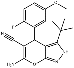 6-amino-3-(tert-butyl)-4-(2-fluoro-5-methoxyphenyl)-2,4-dihydropyrano[2,3-c]pyrazole-5-carbonitrile Structure