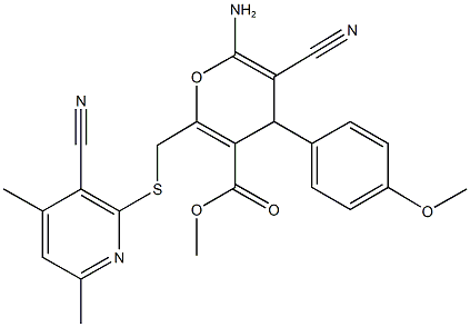 methyl 6-amino-5-cyano-2-{[(3-cyano-4,6-dimethyl-2-pyridinyl)sulfanyl]methyl}-4-(4-methoxyphenyl)-4H-pyran-3-carboxylate 구조식 이미지