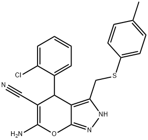 6-amino-4-(2-chlorophenyl)-3-{[(4-methylphenyl)sulfanyl]methyl}-2,4-dihydropyrano[2,3-c]pyrazole-5-carbonitrile 구조식 이미지