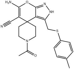 1'-acetyl-6-amino-5-cyano-3-{[(4-methylphenyl)sulfanyl]methyl}-2,4-dihydrospiro[pyrano[2,3-c]pyrazole-4,4'-piperidine] Structure