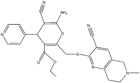 ethyl 6-amino-5-cyano-2-{[(3-cyano-6-methyl-5,6,7,8-tetrahydro[1,6]naphthyridin-2-yl)sulfanyl]methyl}-4-(4-pyridinyl)-4H-pyran-3-carboxylate Structure