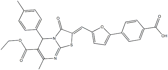 4-{5-[(6-(ethoxycarbonyl)-7-methyl-5-(4-methylphenyl)-3-oxo-5H-[1,3]thiazolo[3,2-a]pyrimidin-2(3H)-ylidene)methyl]-2-furyl}benzoic acid 구조식 이미지