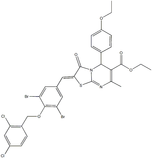 ethyl 2-{3,5-dibromo-4-[(2,4-dichlorobenzyl)oxy]benzylidene}-5-(4-ethoxyphenyl)-7-methyl-3-oxo-2,3-dihydro-5H-[1,3]thiazolo[3,2-a]pyrimidine-6-carboxylate 구조식 이미지