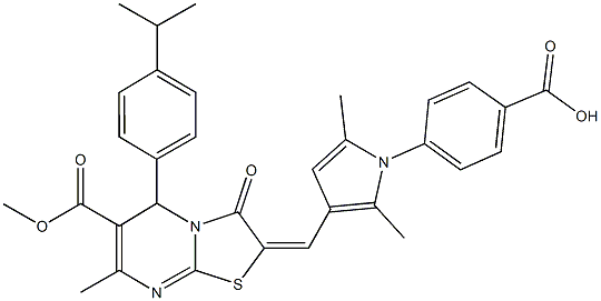 4-{3-[(5-(4-isopropylphenyl)-6-(methoxycarbonyl)-7-methyl-3-oxo-5H-[1,3]thiazolo[3,2-a]pyrimidin-2(3H)-ylidene)methyl]-2,5-dimethyl-1H-pyrrol-1-yl}benzoic acid 구조식 이미지