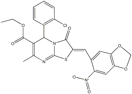 ethyl 5-(2-chlorophenyl)-2-({6-nitro-1,3-benzodioxol-5-yl}methylene)-7-methyl-3-oxo-2,3-dihydro-5H-[1,3]thiazolo[3,2-a]pyrimidine-6-carboxylate 구조식 이미지