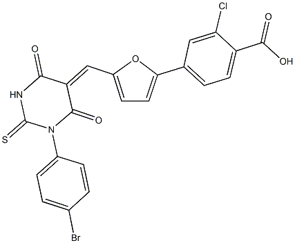 4-{5-[(1-(4-bromophenyl)-4,6-dioxo-2-thioxotetrahydro-5(2H)-pyrimidinylidene)methyl]-2-furyl}-2-chlorobenzoic acid 구조식 이미지