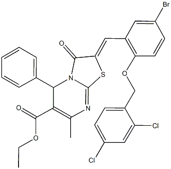 ethyl 2-{5-bromo-2-[(2,4-dichlorobenzyl)oxy]benzylidene}-7-methyl-3-oxo-5-phenyl-2,3-dihydro-5H-[1,3]thiazolo[3,2-a]pyrimidine-6-carboxylate 구조식 이미지