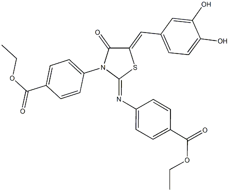 ethyl 4-(5-(3,4-dihydroxybenzylidene)-2-{[4-(ethoxycarbonyl)phenyl]imino}-4-oxo-1,3-thiazolidin-3-yl)benzoate 구조식 이미지