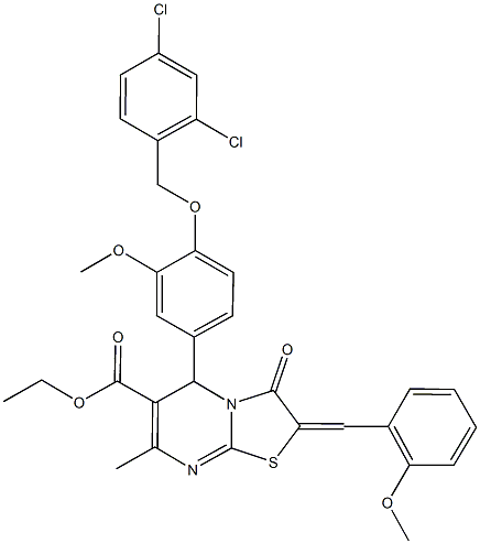 ethyl 5-{4-[(2,4-dichlorobenzyl)oxy]-3-methoxyphenyl}-2-(2-methoxybenzylidene)-7-methyl-3-oxo-2,3-dihydro-5H-[1,3]thiazolo[3,2-a]pyrimidine-6-carboxylate 구조식 이미지