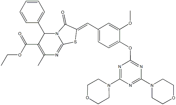 ethyl 2-(4-{[4,6-di(4-morpholinyl)-1,3,5-triazin-2-yl]oxy}-3-methoxybenzylidene)-7-methyl-3-oxo-5-phenyl-2,3-dihydro-5H-[1,3]thiazolo[3,2-a]pyrimidine-6-carboxylate 구조식 이미지