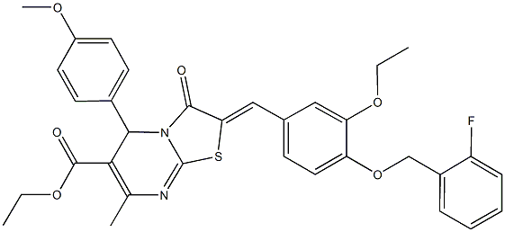 ethyl 2-{3-ethoxy-4-[(2-fluorobenzyl)oxy]benzylidene}-5-(4-methoxyphenyl)-7-methyl-3-oxo-2,3-dihydro-5H-[1,3]thiazolo[3,2-a]pyrimidine-6-carboxylate 구조식 이미지