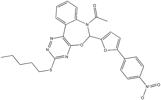 7-acetyl-6-(5-{4-nitrophenyl}-2-furyl)-3-(pentylsulfanyl)-6,7-dihydro[1,2,4]triazino[5,6-d][3,1]benzoxazepine Structure