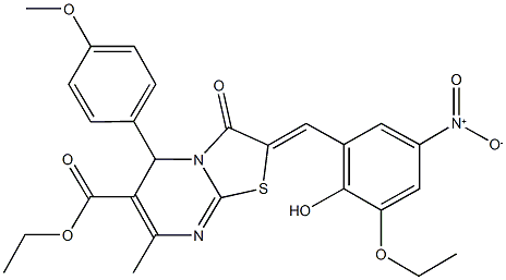 ethyl 2-{3-ethoxy-2-hydroxy-5-nitrobenzylidene}-5-(4-methoxyphenyl)-7-methyl-3-oxo-2,3-dihydro-5H-[1,3]thiazolo[3,2-a]pyrimidine-6-carboxylate 구조식 이미지