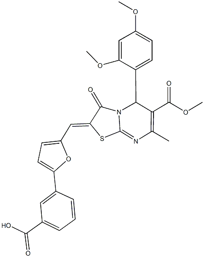 3-{5-[(5-(2,4-dimethoxyphenyl)-6-(methoxycarbonyl)-7-methyl-3-oxo-5H-[1,3]thiazolo[3,2-a]pyrimidin-2(3H)-ylidene)methyl]-2-furyl}benzoic acid Structure