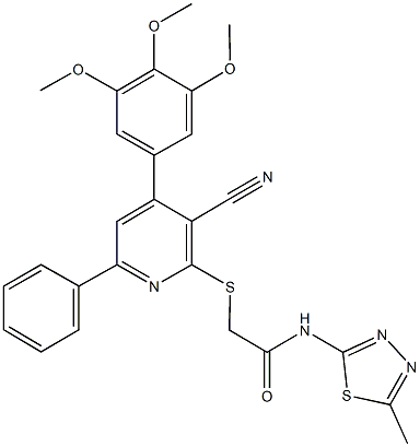 2-{[3-cyano-6-phenyl-4-(3,4,5-trimethoxyphenyl)-2-pyridinyl]sulfanyl}-N-(5-methyl-1,3,4-thiadiazol-2-yl)acetamide 구조식 이미지