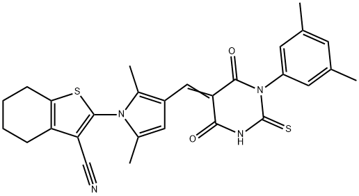 2-{3-[(1-(3,5-dimethylphenyl)-4,6-dioxo-2-thioxotetrahydro-5(2H)-pyrimidinylidene)methyl]-2,5-dimethyl-1H-pyrrol-1-yl}-4,5,6,7-tetrahydro-1-benzothiophene-3-carbonitrile Structure