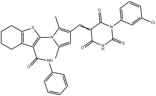 2-{3-[(1-(3-chlorophenyl)-4,6-dioxo-2-thioxotetrahydro-5(2H)-pyrimidinylidene)methyl]-2,5-dimethyl-1H-pyrrol-1-yl}-N-phenyl-4,5,6,7-tetrahydro-1-benzothiophene-3-carboxamide Structure