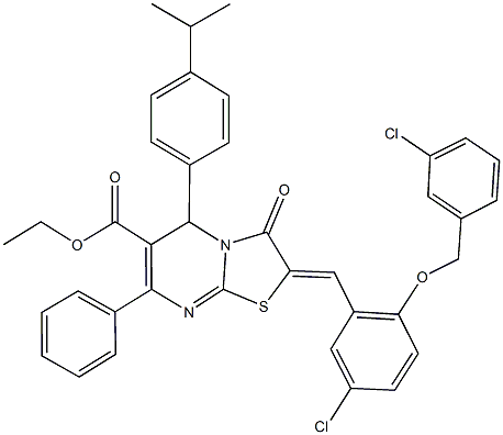 ethyl 2-{5-chloro-2-[(3-chlorobenzyl)oxy]benzylidene}-5-(4-isopropylphenyl)-3-oxo-7-phenyl-2,3-dihydro-5H-[1,3]thiazolo[3,2-a]pyrimidine-6-carboxylate 구조식 이미지