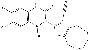 2-[6,7-dichloro-1-hydroxy-3-oxo-3,4-dihydro-1,2,4-benzotriazin-2(1H)-yl]-4,5,6,7,8,9-hexahydrocycloocta[b]thiophene-3-carbonitrile 구조식 이미지