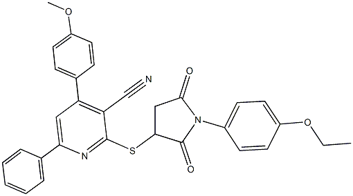 2-{[1-(4-ethoxyphenyl)-2,5-dioxo-3-pyrrolidinyl]sulfanyl}-4-(4-methoxyphenyl)-6-phenylnicotinonitrile 구조식 이미지