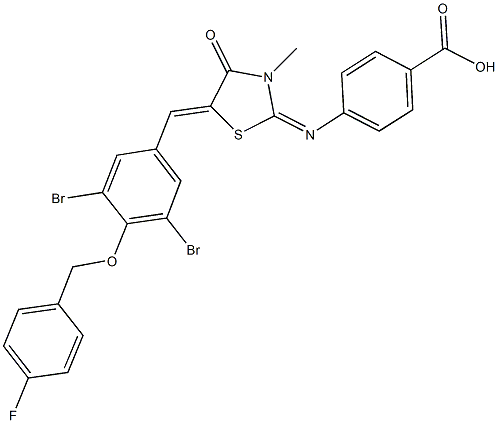 4-[(5-{3,5-dibromo-4-[(4-fluorobenzyl)oxy]benzylidene}-3-methyl-4-oxo-1,3-thiazolidin-2-ylidene)amino]benzoic acid Structure