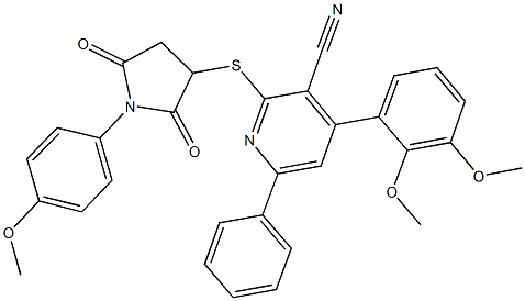 4-(2,3-dimethoxyphenyl)-2-((1-(4-methoxyphenyl)-2,5-dioxopyrrolidin-3-yl)sulfanyl)-6-phenylnicotinonitrile 구조식 이미지