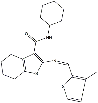 N-cyclohexyl-2-{[(3-methyl-2-thienyl)methylene]amino}-4,5,6,7-tetrahydro-1-benzothiophene-3-carboxamide 구조식 이미지