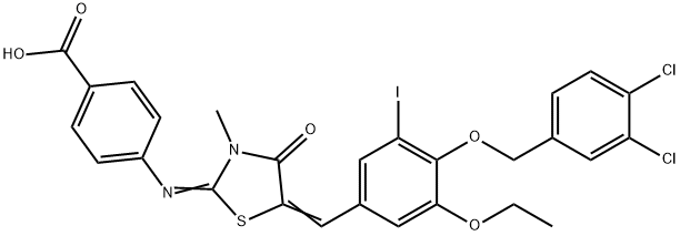 4-[(5-{4-[(3,4-dichlorobenzyl)oxy]-3-ethoxy-5-iodobenzylidene}-3-methyl-4-oxo-1,3-thiazolidin-2-ylidene)amino]benzoic acid 구조식 이미지