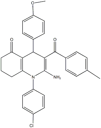 2-amino-1-(4-chlorophenyl)-4-(4-methoxyphenyl)-3-(4-methylbenzoyl)-4,6,7,8-tetrahydro-5(1H)-quinolinone Structure