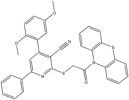 4-(2,5-dimethoxyphenyl)-2-{[2-oxo-2-(10H-phenothiazin-10-yl)ethyl]sulfanyl}-6-phenylnicotinonitrile Structure