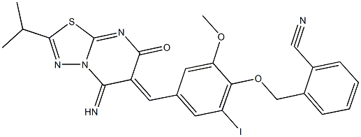 2-({4-[(5-imino-2-isopropyl-7-oxo-5H-[1,3,4]thiadiazolo[3,2-a]pyrimidin-6(7H)-ylidene)methyl]-2-iodo-6-methoxyphenoxy}methyl)benzonitrile 구조식 이미지