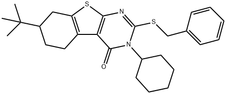 2-(benzylsulfanyl)-7-tert-butyl-3-cyclohexyl-5,6,7,8-tetrahydro[1]benzothieno[2,3-d]pyrimidin-4(3H)-one 구조식 이미지