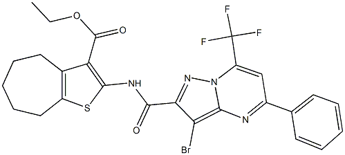 ethyl 2-({[3-bromo-5-phenyl-7-(trifluoromethyl)pyrazolo[1,5-a]pyrimidin-2-yl]carbonyl}amino)-5,6,7,8-tetrahydro-4H-cyclohepta[b]thiophene-3-carboxylate Structure