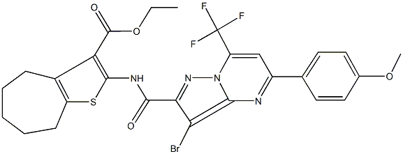 ethyl 2-({[3-bromo-5-(4-methoxyphenyl)-7-(trifluoromethyl)pyrazolo[1,5-a]pyrimidin-2-yl]carbonyl}amino)-5,6,7,8-tetrahydro-4H-cyclohepta[b]thiophene-3-carboxylate 구조식 이미지