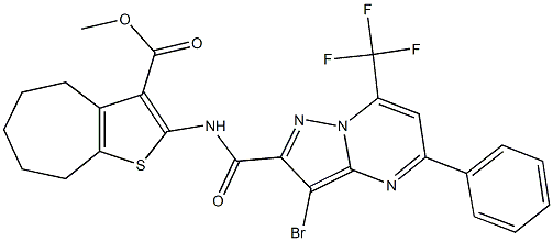 methyl 2-({[3-bromo-5-phenyl-7-(trifluoromethyl)pyrazolo[1,5-a]pyrimidin-2-yl]carbonyl}amino)-5,6,7,8-tetrahydro-4H-cyclohepta[b]thiophene-3-carboxylate Structure