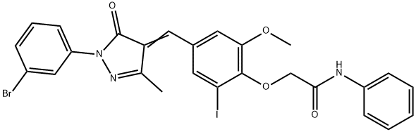 2-(4-{[1-(3-bromophenyl)-3-methyl-5-oxo-1,5-dihydro-4H-pyrazol-4-ylidene]methyl}-2-iodo-6-methoxyphenoxy)-N-phenylacetamide 구조식 이미지