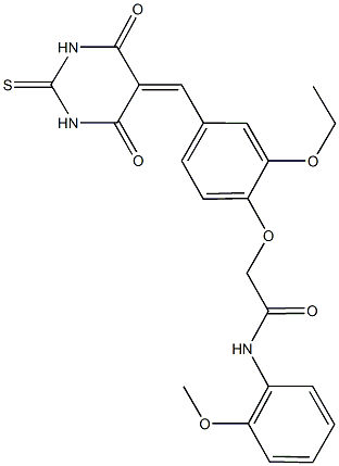 2-{4-[(4,6-dioxo-2-thioxotetrahydro-5(2H)-pyrimidinylidene)methyl]-2-ethoxyphenoxy}-N-(2-methoxyphenyl)acetamide 구조식 이미지