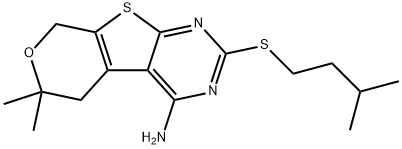 2-(isopentylsulfanyl)-6,6-dimethyl-5,8-dihydro-6H-pyrano[4',3':4,5]thieno[2,3-d]pyrimidin-4-amine 구조식 이미지