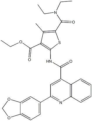 ethyl 2-({[2-(1,3-benzodioxol-5-yl)-4-quinolinyl]carbonyl}amino)-5-[(diethylamino)carbonyl]-4-methyl-3-thiophenecarboxylate 구조식 이미지