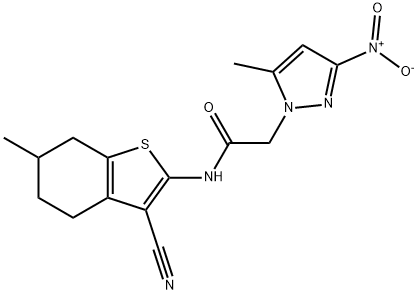 N-(3-cyano-6-methyl-4,5,6,7-tetrahydro-1-benzothien-2-yl)-2-{3-nitro-5-methyl-1H-pyrazol-1-yl}acetamide 구조식 이미지