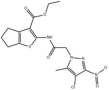ethyl 2-[({4-chloro-3-nitro-5-methyl-1H-pyrazol-1-yl}acetyl)amino]-5,6-dihydro-4H-cyclopenta[b]thiophene-3-carboxylate 구조식 이미지