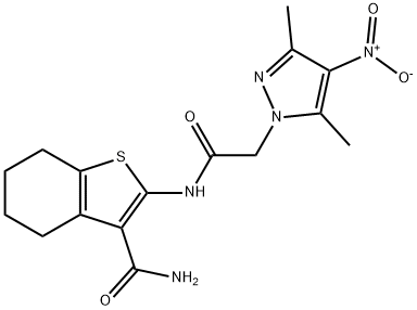 2-[({4-nitro-3,5-dimethyl-1H-pyrazol-1-yl}acetyl)amino]-4,5,6,7-tetrahydro-1-benzothiophene-3-carboxamide Structure