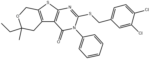 2-[(3,4-dichlorobenzyl)sulfanyl]-6-ethyl-6-methyl-3-phenyl-3,5,6,8-tetrahydro-4H-pyrano[4',3':4,5]thieno[2,3-d]pyrimidin-4-one 구조식 이미지