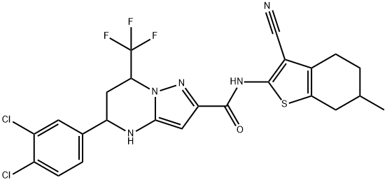 N-(3-cyano-6-methyl-4,5,6,7-tetrahydro-1-benzothien-2-yl)-5-(3,4-dichlorophenyl)-7-(trifluoromethyl)-4,5,6,7-tetrahydropyrazolo[1,5-a]pyrimidine-2-carboxamide 구조식 이미지