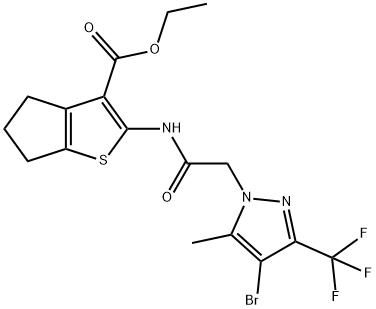 ethyl 2-({[4-bromo-5-methyl-3-(trifluoromethyl)-1H-pyrazol-1-yl]acetyl}amino)-5,6-dihydro-4H-cyclopenta[b]thiophene-3-carboxylate 구조식 이미지