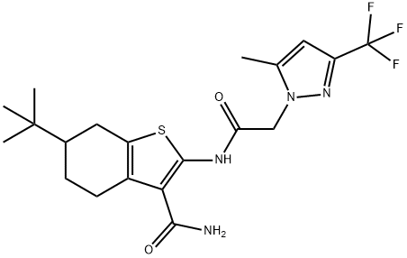 6-tert-butyl-2-({[5-methyl-3-(trifluoromethyl)-1H-pyrazol-1-yl]acetyl}amino)-4,5,6,7-tetrahydro-1-benzothiophene-3-carboxamide 구조식 이미지