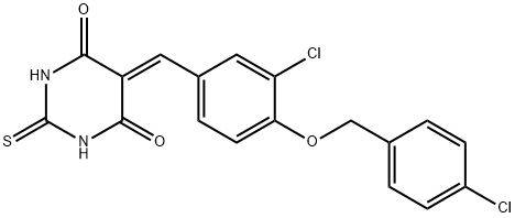 5-[(3-chloro-4-{[(4-chlorophenyl)methyl]oxy}phenyl)methylidene]-2-thioxodihydro-4,6(1H,5H)-pyrimidinedione Structure